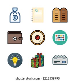 paper icon set. vector set about document, money bag, watercolor and business card icons set.