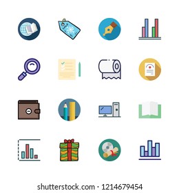 paper icon set. vector set about school material, open book, tag and bar chart icons set.