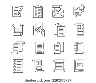 Paper icons line set. Collection of graphic elements for site. Document and contract, hand with sheet. Message in envelope and notepad. Cartoon flat vector illustrations isolated on white background