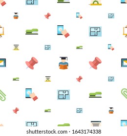 paper icons pattern seamless. Included editable flat testing, Product Listing, Blog management, Stapler, Pin, Property plan, Online library icons. paper icons for web and mobile.