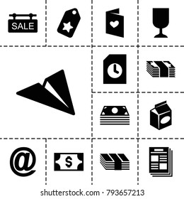 Paper icons. set of 13 editable filled paper icons such as tag, take away food, money, paper plane, love letter, newspaper, at mail, document, sale tag