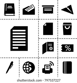 Paper icons. set of 13 editable filled paper icons such as shopping bag, ticket on sale, document, pen, diploma, globe dollar, letter, book, printer