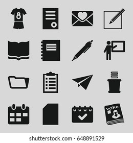 Paper icons set. set of 16 paper filled icons such as towels, document, book, folder, pen, love letter, magazine, football uniform, calendar, notepad, teacher