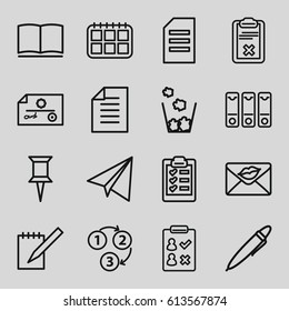 Paper icons set. set of 16 paper outline icons such as pin, love letter, notebook, clipboard, binder, pen, book, 1 2 3, trash bin, check list, check