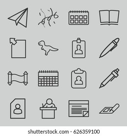 Paper icons set. set of 16 paper outline icons such as plan, paper airplane, pen, clipboard, confetti, manuscript, book, teacher, resume, dinosaur, calendar
