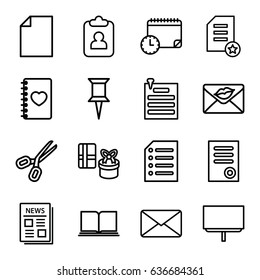 Paper icons set. set of 16 paper outline icons such as document, pin, board, notebook with heart, love letter, news, mail, calendar with clock, scissors, diploma, clipboard