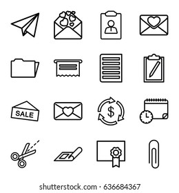 Paper icons set. set of 16 paper outline icons such as plan, money, love letter, scissors, document, folder, diploma, calendar with clock, clipboard, resume
