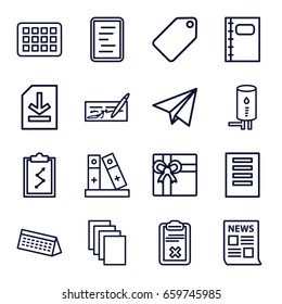 Paper icons set. set of 16 paper outline icons such as tag, gift, clipboard, binder, notebook, file, geyser, document, calendar, check, news