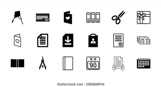Paper icons. set of 18 editable filled and outline paper icons: love letter, resume, file, paper, scissors, book, kite, passport, gift, document, binder, 14 date calendar