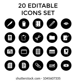 Paper icons. set of 20 editable filled paper icons such as pen, money, soda and burger, check, calendar, document, checklist. best quality paper elements in trendy style.