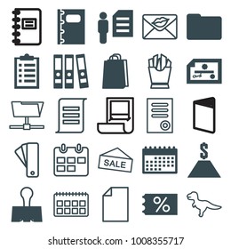 Paper icons. set of 25 editable filled and outline paper icons such as shopping bag, ticket on sale, check, checklist, man and document, calendar, binder, notebook, dollar