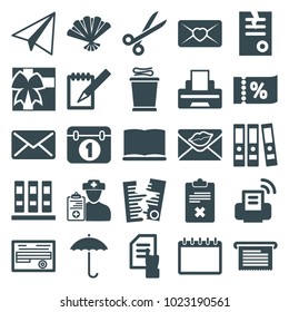 Paper icons. set of 25 editable filled paper icons such as pointing on document, binder, document, love letter, notebook, doctor prescription, printer, mail, book, fan, gift