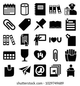 Paper icons. set of 25 editable filled paper icons such as tag, calendar, notepad, teacher, fragile cargo, i love you, doctor prescription, clip, download document, glued note