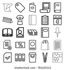 Paper icons. set of 25 editable outline paper icons such as passport, book, shopping bag, ticket on sale, money, checklist, love letter, tag, notebook, file, binder, cloth pin
