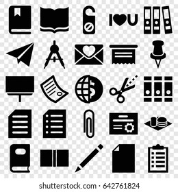 Paper icons set. set of 25 paper filled icons such as compass, book, do not disturb, binder, board, pen, soda and burger, love letter, i love you, pin, scissors, document