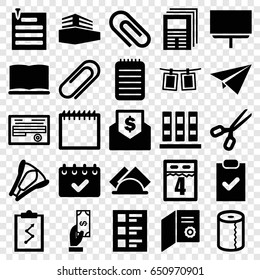 Paper icons set. set of 25 paper filled icons such as payment, paper towel, board, document, notebook, clip, documents box, checklist, stapler, book, photos on rope, napkin