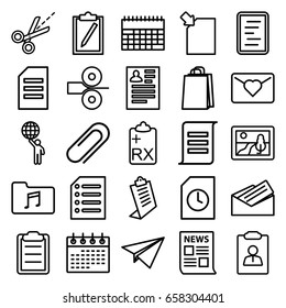 Paper icons set. set of 25 paper outline icons such as resume, clipboard, calendar, shopping bag, scissors, music folder, clip, letter, document, picture, man holding globe