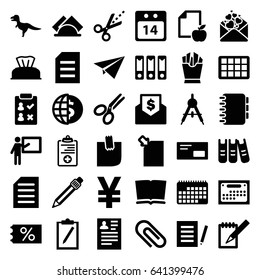 Paper icons set. set of 36 paper filled icons such as compass, baby napkin, resume, french fries, love letter, scissors, pen, notebook, medical clipboard, document, glued note