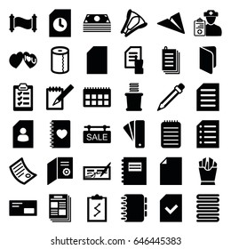 Paper icons set. set of 36 paper filled icons such as tag, towels, paper towel, pointing on document, french fries, notebook with heart, i love you, notebook