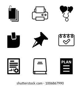 Paper icons. set of 9 editable filled and outline paper icons such as heart balloons, pin, glued note, signed document, plan, printer, book, calendar