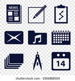 Paper icons. set of 9 editable filled paper icons such as clipboard with chart, news, music folder, paper and pen, 14 date calendar, photos, mail, compass