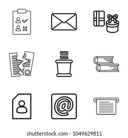 Paper icons. set of 9 editable outline paper icons such as towels, resume, gift, at email, mail, book, paper, document