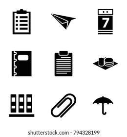Paper icons. set of 9 editable filled paper icons such as binder, soda and burger, checklist, keep dry cargo, calendar 7 date, notebook, clip, check list
