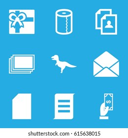 Paper icons set. set of 9 paper filled icons such as photos, Payment, gift, resume, envelope, dinosaur