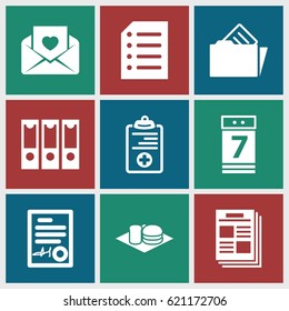Paper icons set. set of 9 paper filled icons such as soda and burger, love letter, medical clipboard, calendar 7 date, document in folder, signed document, paper, newspaper