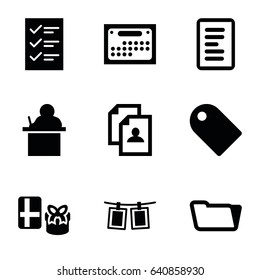 Paper icons set. set of 9 paper filled icons such as resume, folder, photos on rope, checklist, document, calendar, tag, teacher