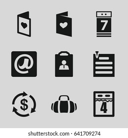 Paper icons set. set of 9 paper filled icons such as money, love letter, calendar 7 date, at email, paper pin, love card, sport bag, 4th date calendar