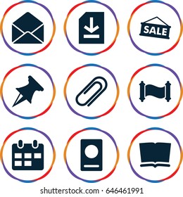 Paper icons set. set of 9 paper filled icons such as passport, envelope, clip, file, calendar, manuscript, sale, pin