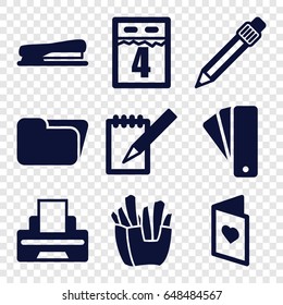 Paper icons set. set of 9 paper filled icons such as tag, french fries, pen, notebook, printer, stapler, love card, 4th date calendar