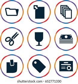 Paper icons set. set of 9 paper filled icons such as paper, folder, fragile cargo, glued note, scissors, tag, diploma, money