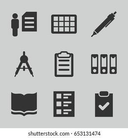 Paper icons set. set of 9 paper filled icons such as compass, book, pen, clipboard, checklist, binder, calendar