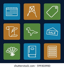 paper icons set. Set of 9 paper outline icons such as book, tag, feather and paper, document, fan, kite, dinosaur, calendar