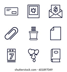 paper icons set. Set of 9 paper outline icons such as book, towels, heart balloons, calendar 7 date, clip, photo, envelop, envelope with dollar bill