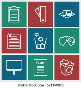 Paper icons set. set of 9 paper outline icons such as tag, board, soda and burger, take away food, I love you, clipboard, paper pin, plan