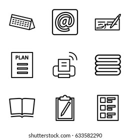 Paper icons set. set of 9 paper outline icons such as towels, checklist, at email, plan, printer, calendar, book, check