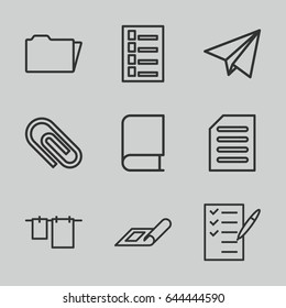 Paper icons set. set of 9 paper outline icons such as plan, document, cloth hanging, check list, folder, paper plane, clip