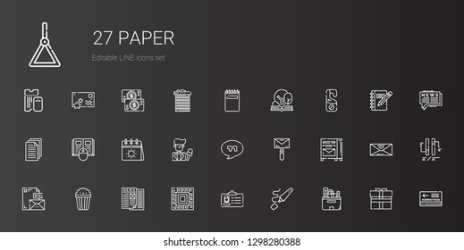 paper icons set. Collection of paper with files, highlighter, id card, pattern, news, popcorn, stationary, mailbox, mail, quotes, news reporter. Editable and scalable paper icons.