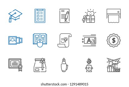paper icons set. Collection of paper with gift, saving, fountain pen, paper bag, certificate, label, text editor, book, picture, towel, contract. Editable and scalable icons.
