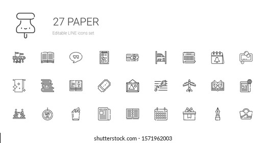 paper icons set. Collection of paper with gift, calendar, notebook, newspaper, paper bag, tag, agreement, airplane, note, pictures, ticket. Editable and scalable icons.