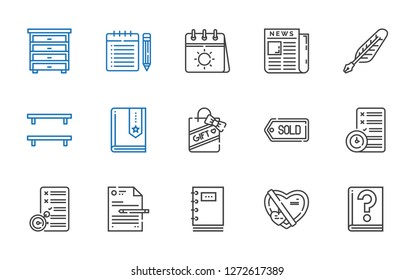 paper icons set. Collection of paper with guide, gift, notebook, file, planning, tag, book, bookshelf, quill, newspaper, calendar, note, drawer. Editable and scalable paper icons.