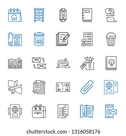 paper icons set. Collection of paper with mail, notes, tasks, calendar, passport, clip, postcard, files, scissors, book, gifts, soap, mailing. Editable and scalable paper icons.
