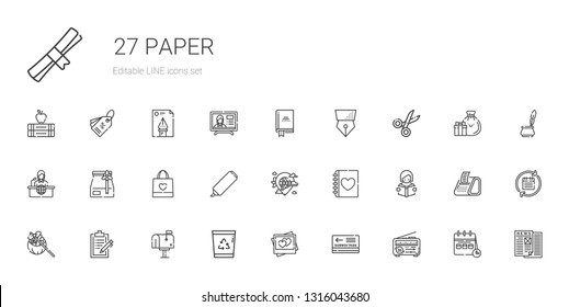 paper icons set. Collection of paper with news, pass, picture, recycle bin, mailbox, clipboard, gift, reading, diary, airplane, highlighter. Editable and scalable paper icons.