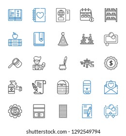 paper icons set. Collection of paper with soap, contract, towel, bookshelf, money, love letter, glue stick, eraser, literature, antiseptic. Editable and scalable paper icons.