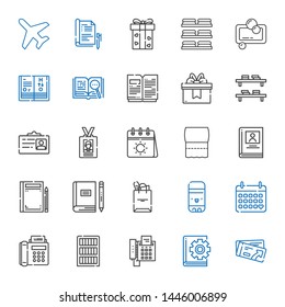 paper icons set. Collection of paper with ticket, book, fax, bookcase, calendar, glue stick, tote bag, biography, toilet paper, id card, bookshelf. Editable and scalable icons.