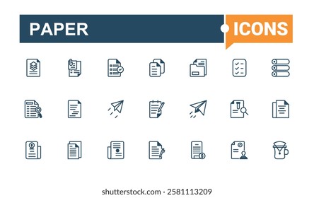 Paper icons set in linear style. Related to draw, wing, form, search, paper and more. Outline icon. Solid line editable stroke. Vector line and solid icons.