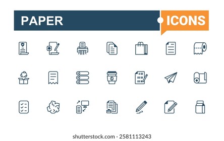 Paper icons set in linear style. Related to draw, wing, form, search, paper and more. Outline icon. Solid line editable stroke. Vector line and solid icons.